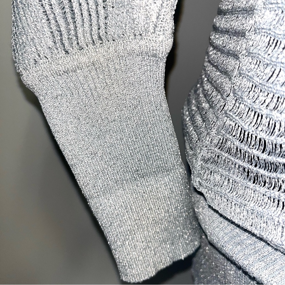 BCBG Max Azria Metallic Sweater Womens M Silver Party Dolman Sheer Retro Disco - Picture 7 of 16